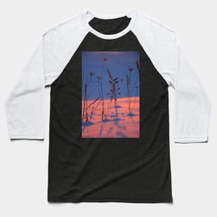 silhouettes of dry grass at sunset in a snowy field Baseball T-Shirt